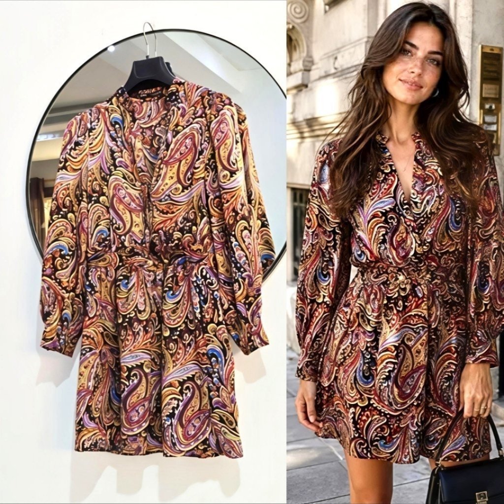 Robe Zara bohème satinée avec boutons dorés chic 