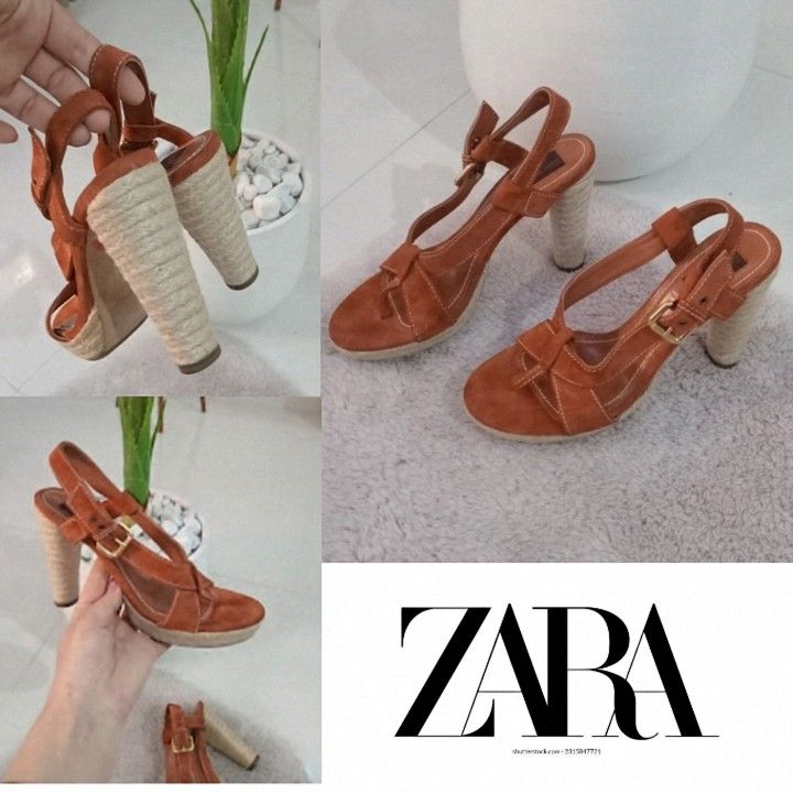 Sandales Zara en cuir daim rouge brique très classe 