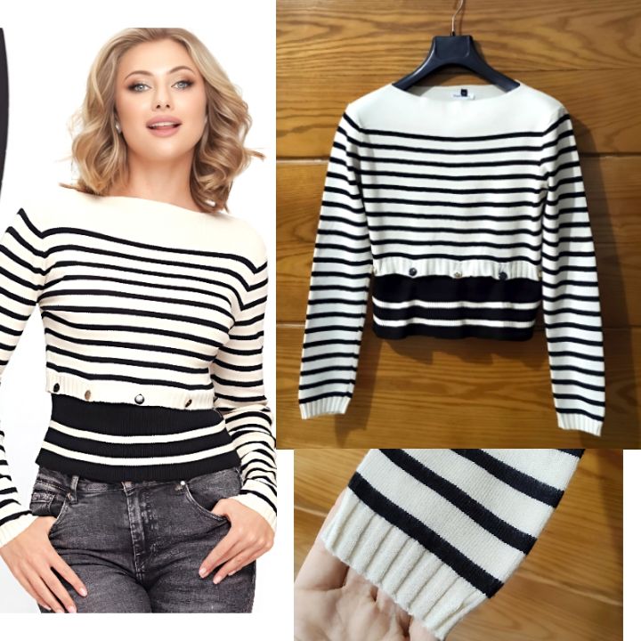 Pull rayé côtelé à bouton cropped Neuf 