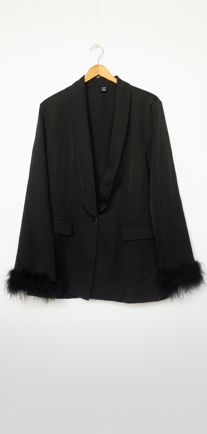 Blazer noir orné de plumes aux poignets, doté d'un col élégant et d'une fermeture à bouton unique.