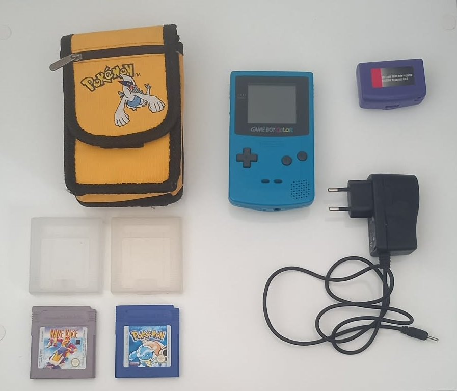 Lot Vintage Nintendo Game Boy Color Turquoise + Pokémon Bleu + Wave Race + Housse Lugia