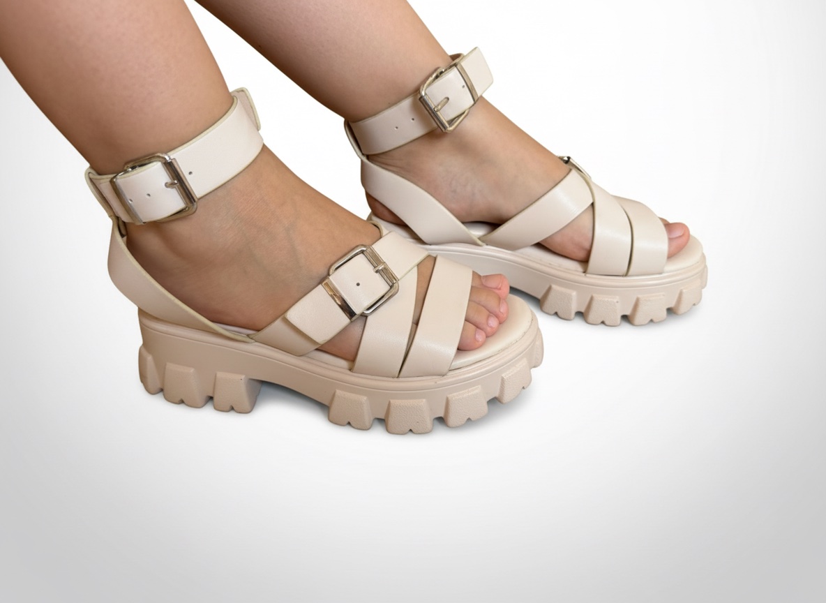 Sandales compensées crantées à brides – Style Chunky / Nude