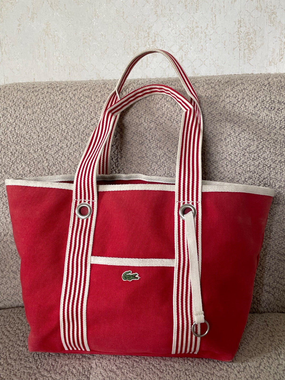 LACOSTE Vintage Shopping Bag Red & White Canvas Shoulder Bag