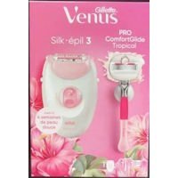 Un coffret de soin comprenant deux produits de marques partenaires : l'épilateur électrique Braun Silk-épil 3 (technologie Braun) et le rasoir Gillette Venus Pro ComfortGlide Tropical.