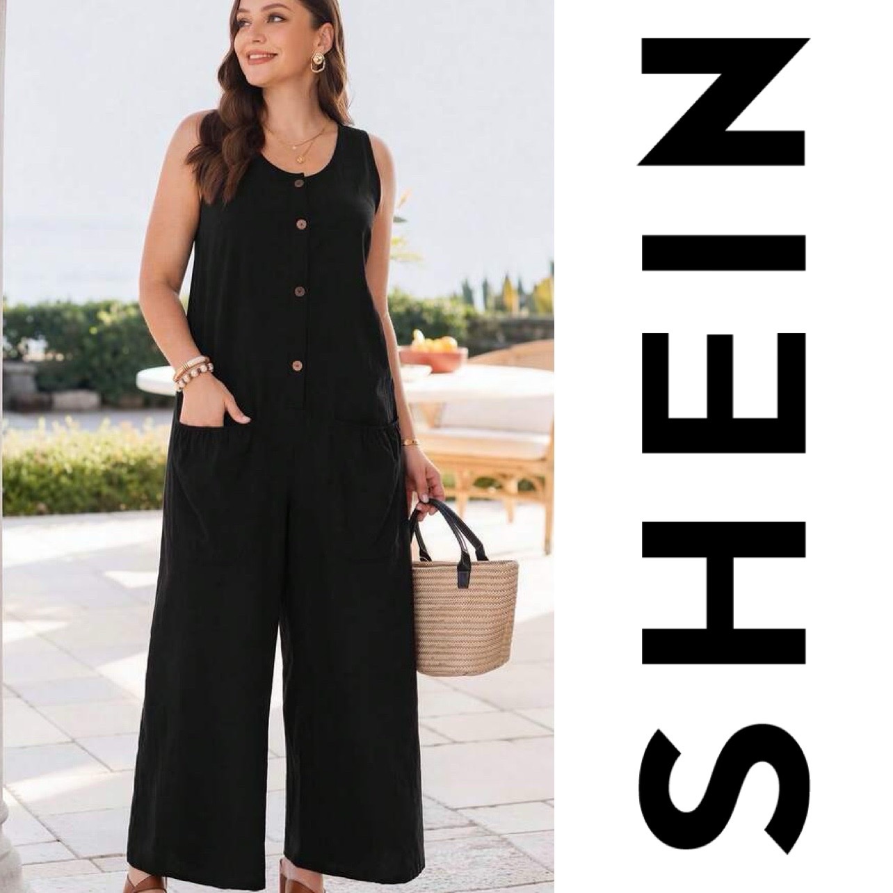 Combinaison Shein noir fluide à boutons et poches