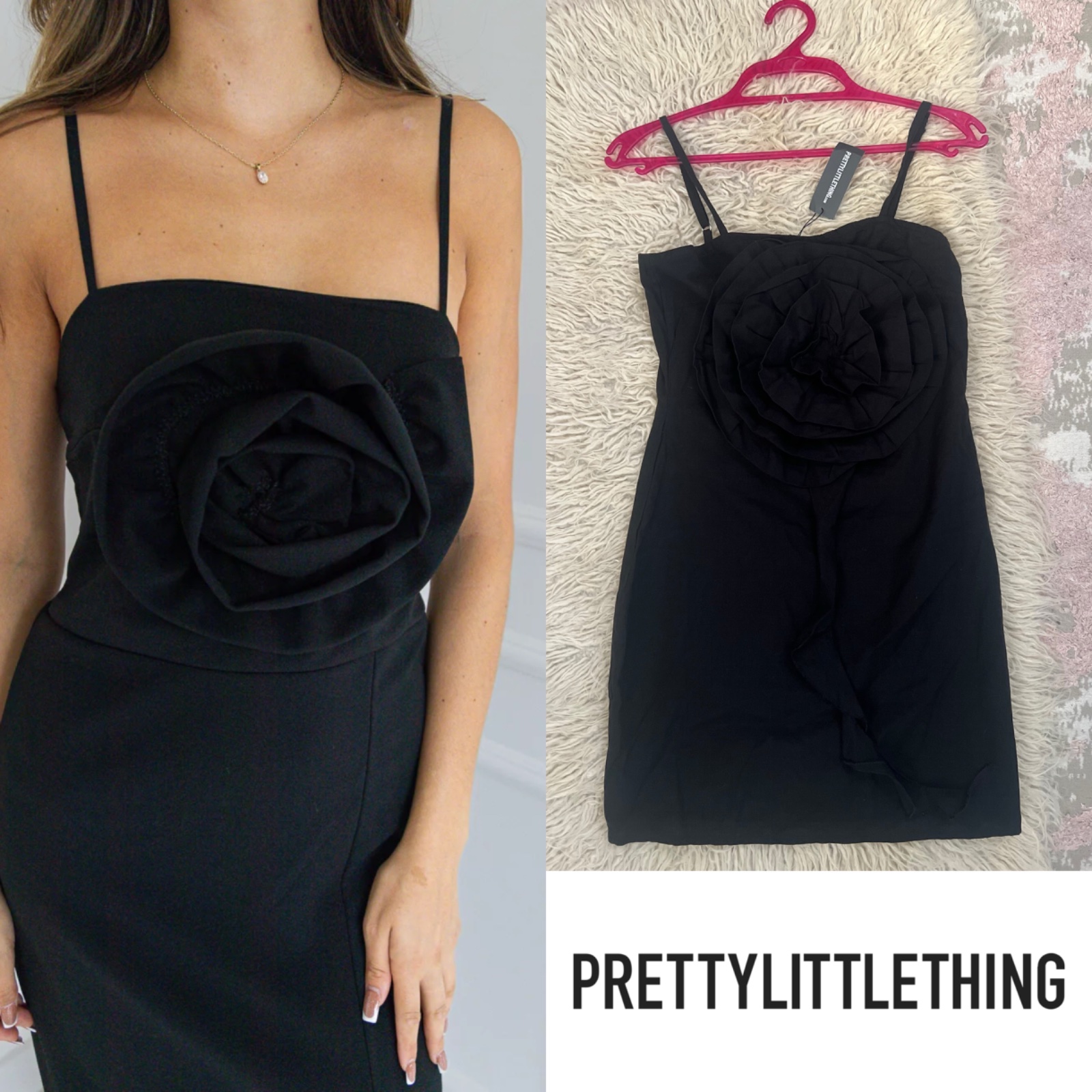 Petite Robe Noire Élégante avec Fleur 3D – PrettyLittleThing