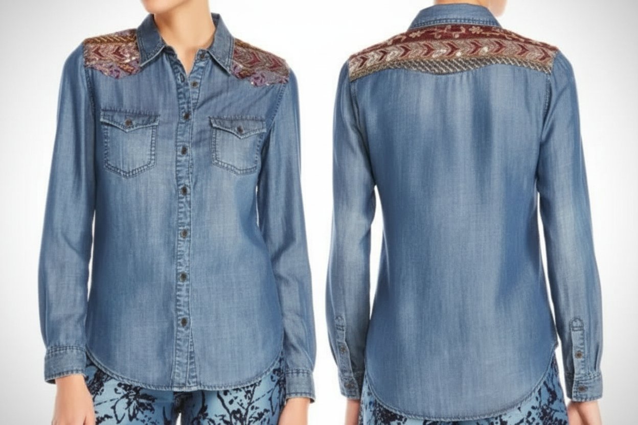 Chemise en jean avec broderie élégante 💙