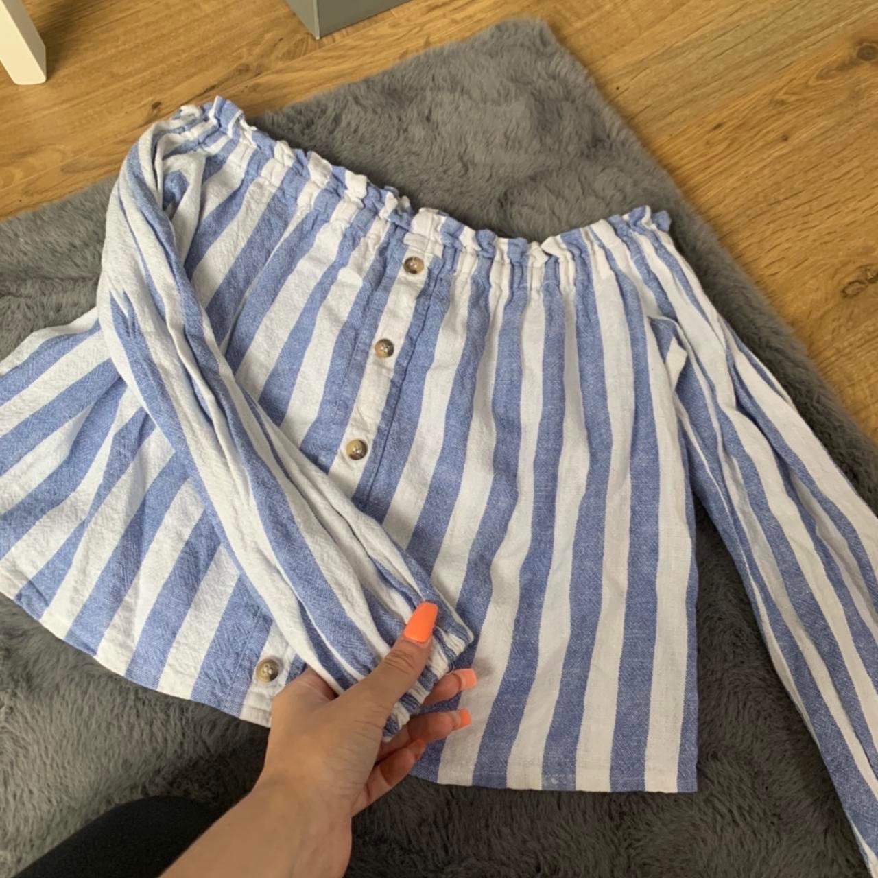Blue and white striped Bardot top