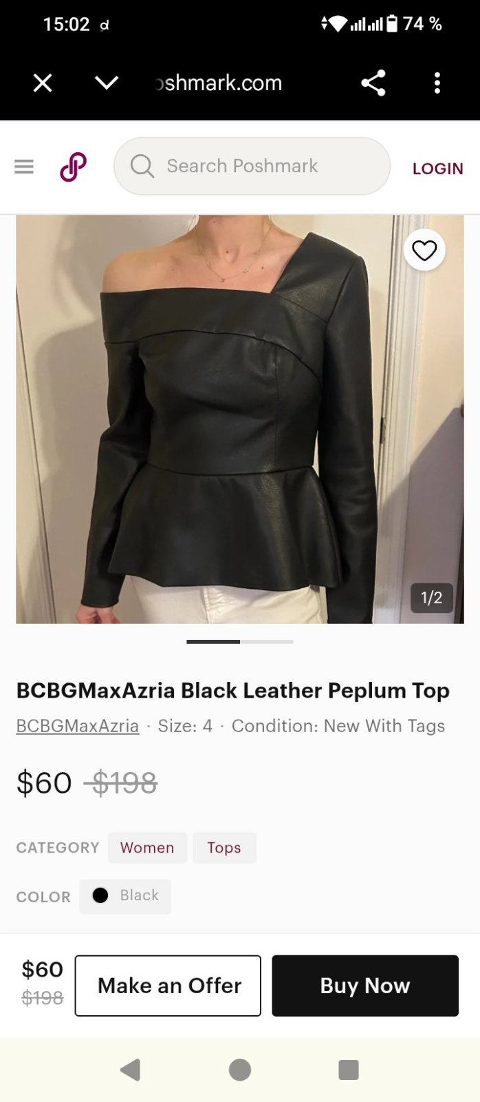 Haut peplum asymétrique en similicuir noir de la marque BCBGMaxAzria avec une encolure dénudée
