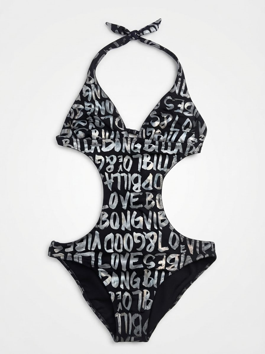 Maillot de bain une pièce ajouré de type monokini noir orné d'un imprimé graffiti argenté à l'effet graphique