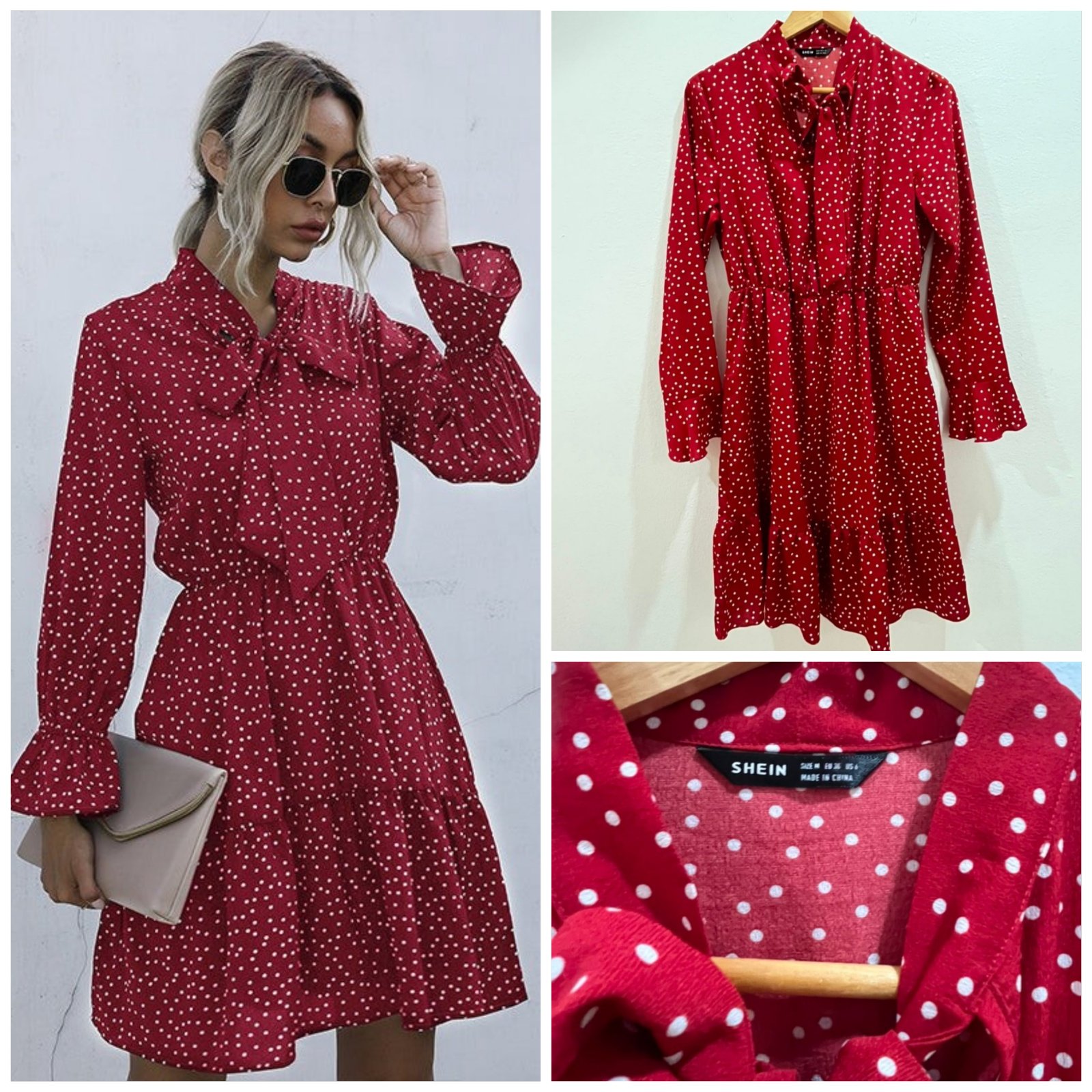 Robe rouge à pois blancs est une pièce élégante dotée d'une encolure nouée et de manches longues à volants
