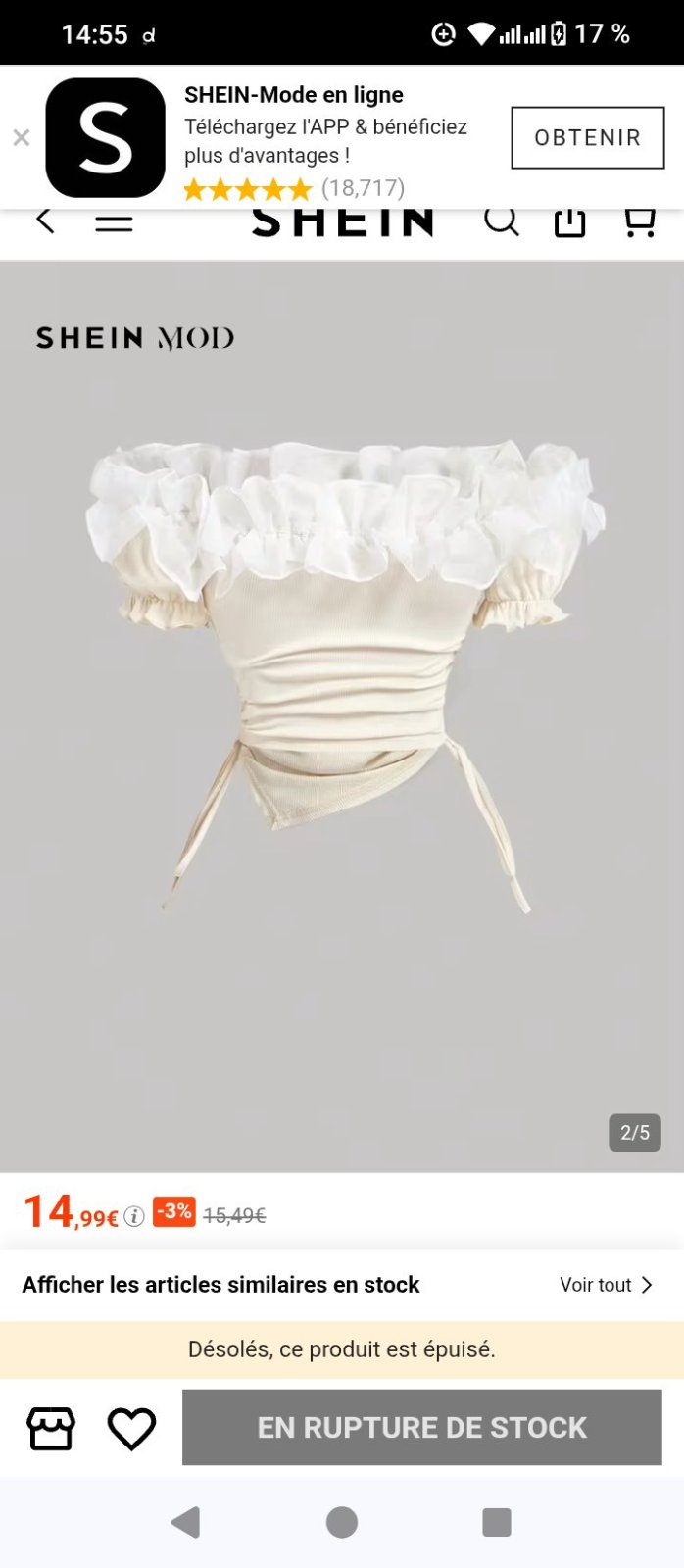 T-shirt asymétrique à épaules dénudées, orné de volants en maille contrastée et d'un cordon de serrage à la taille