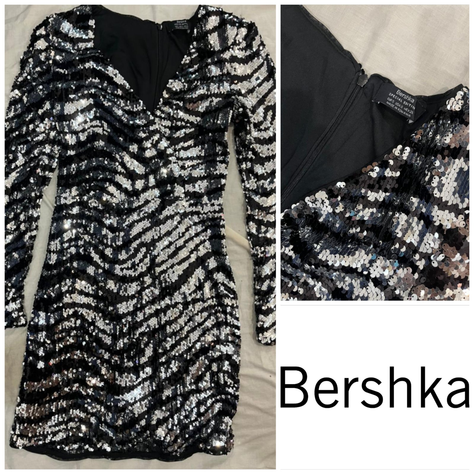Mini robe Bershka édition limitée se distingue par son imprimé zèbre en sequins noirs et argentés