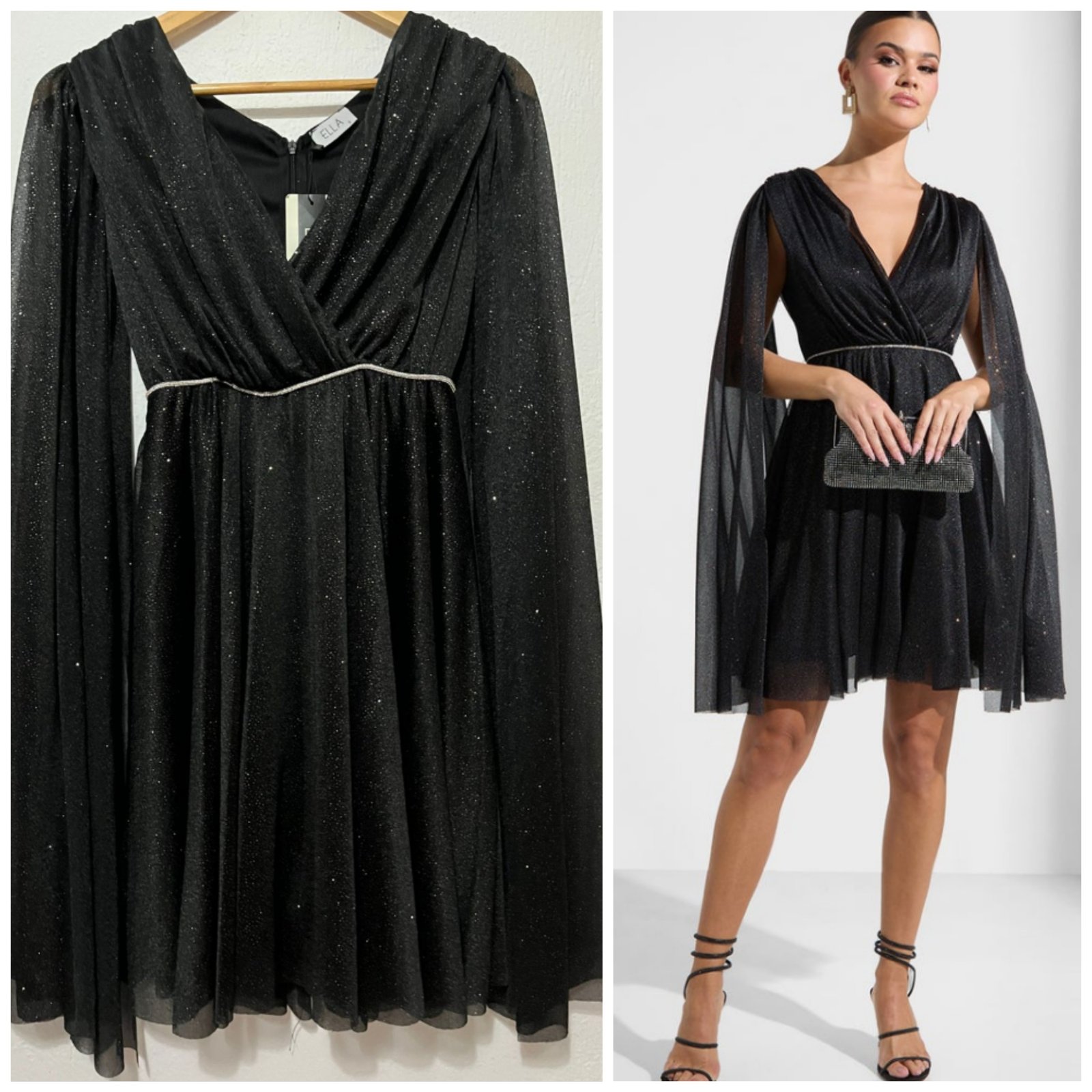 Robe de soirée noire scintillante, de la marque Ella, présente des caractéristiques spécifiques comme un col en V, une ceinture fine argentée et des manches longues évasées
