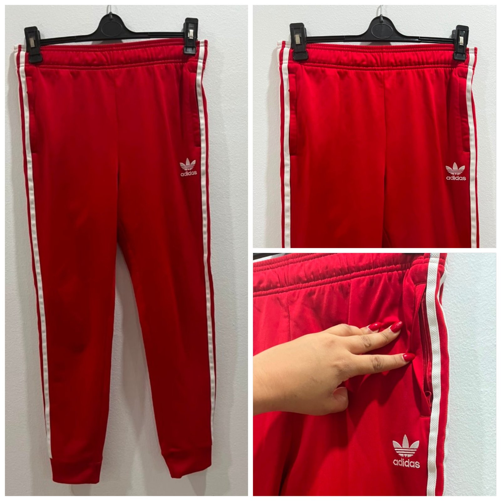 Pantalon de survêtement rouge adidas Originals SST arbore les trois bandes blanches emblématiques sur les côtés