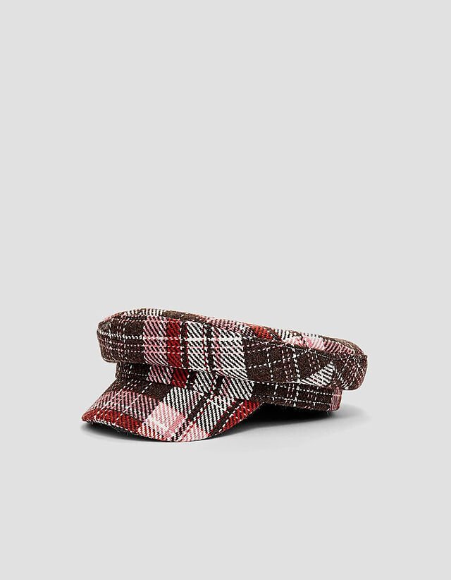 Casquette gavroche à carreaux (ou casquette de marin / baker boy), dotée d'un motif à carreaux marron, rose et rouge et d'une visière rigide