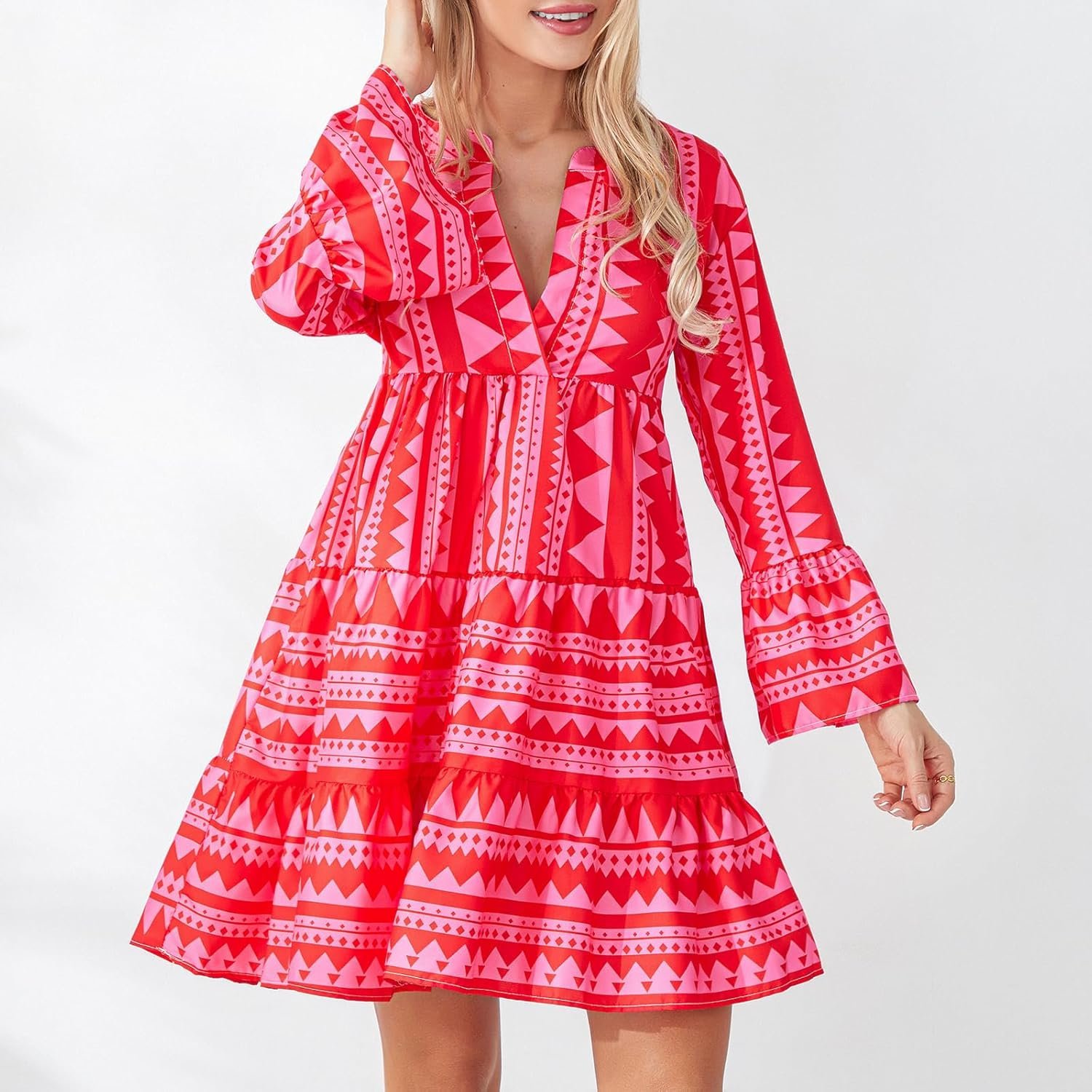 Robe d'été bohème pour femme - Mini robe d'été à manches longues 3/4 - Col en V - Robe de plage - Robe d'été à plusieurs niveaux, Rose rouge 