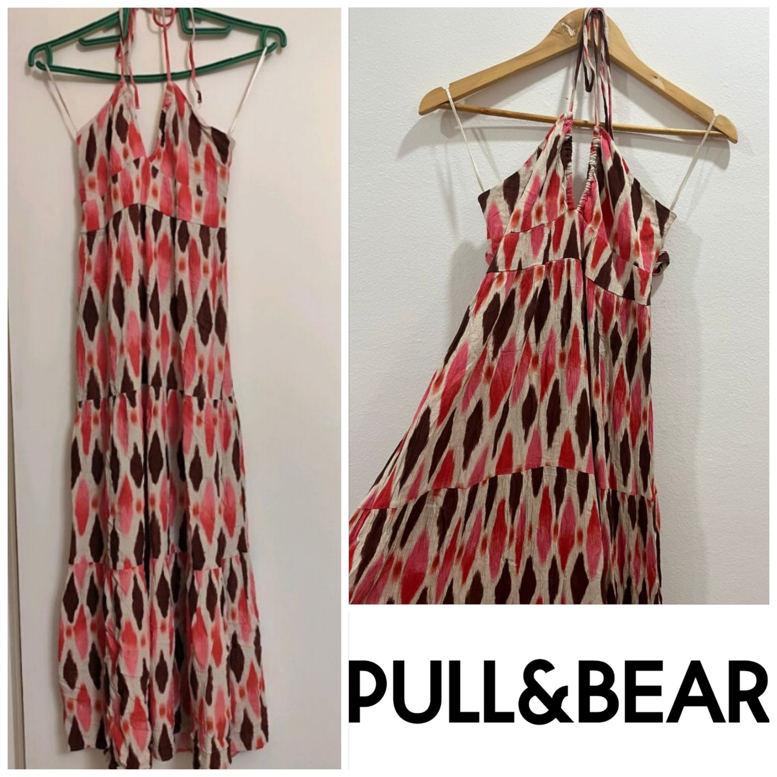 Robe longue de style bohème de la marque Pull & Bear présente un motif géométrique ikat dans des tons de rose et de brun
