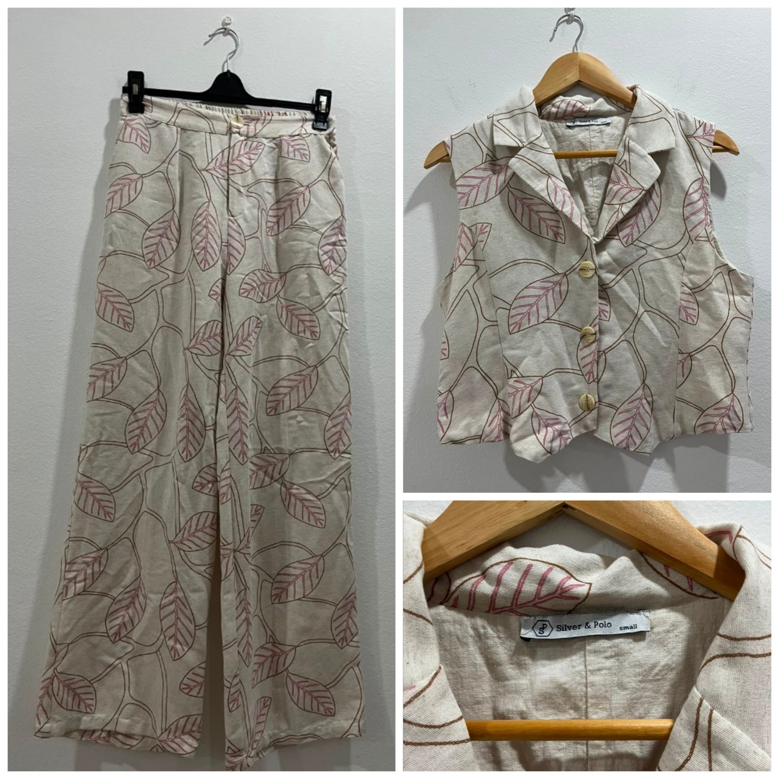 Ensemble assorti Silver & Polo à imprimé feuillage rose et écru se compose d'un gilet sans manches boutonné et d'un pantalon large assorti