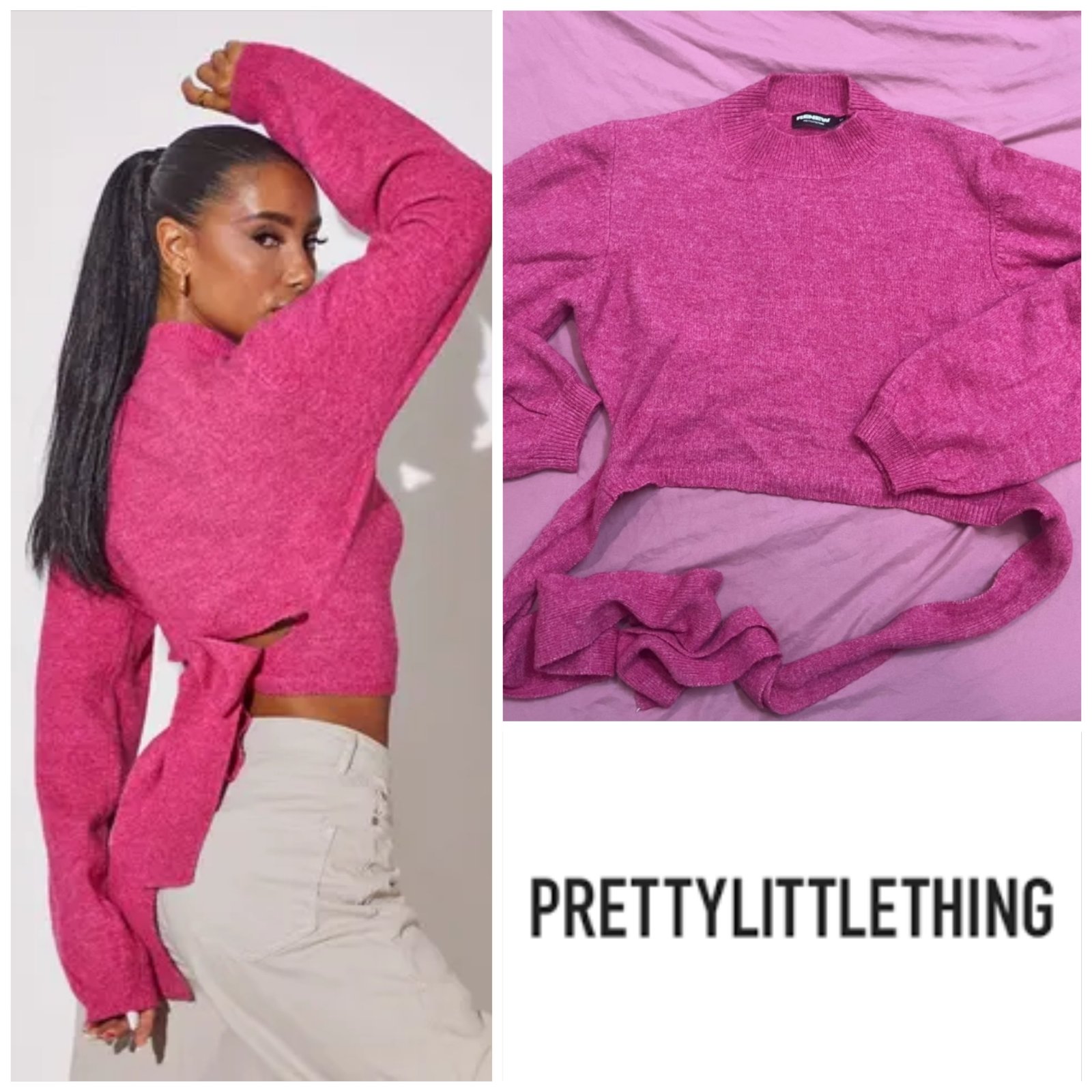 Pull court en maille rose vif présente un col montant, des manches bouffantes (balloon sleeves) resserrées aux poignets et de longues lanières à nouer autour de la taille