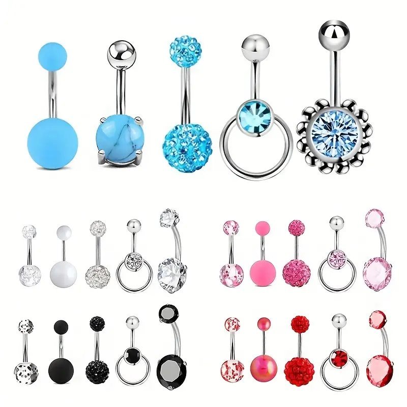 Ensemble de piercings de nombril en acier inoxydable, ornés de cristaux étincelants et de billes de différentes couleurs