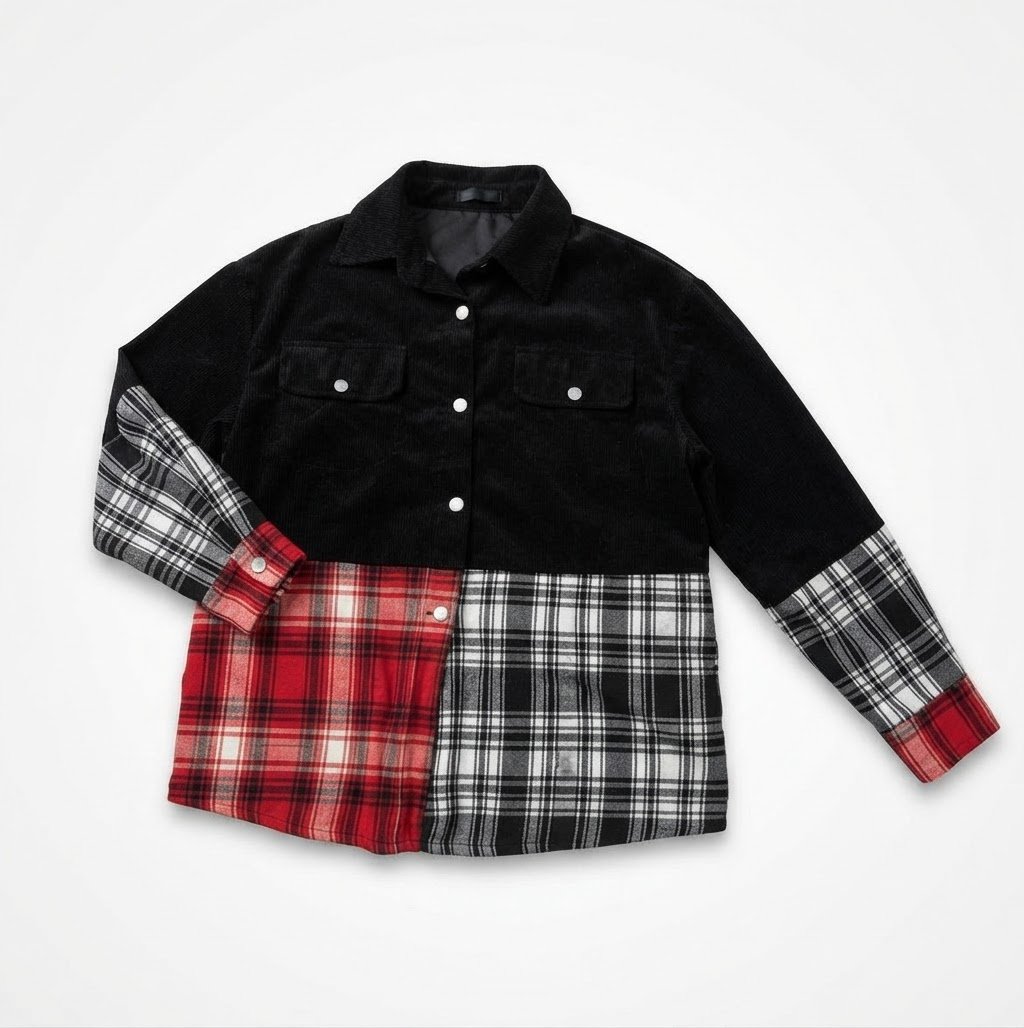 Veste-chemise patchwork à manches longues associe un haut en velours côtelé noir uni et des empiècements à carreaux (écossais) rouges et noir/blanc sur le bas et les poignets