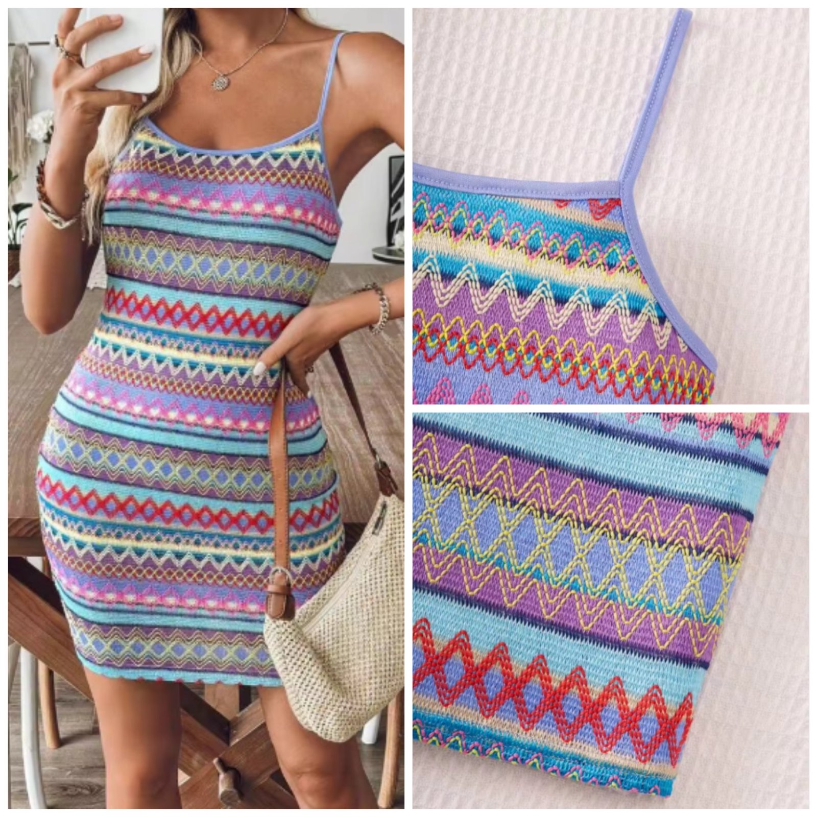 Robe SHEIN, de style bohème avec un motif géométrique coloré, est parfaite pour une tenue d'été décontractée