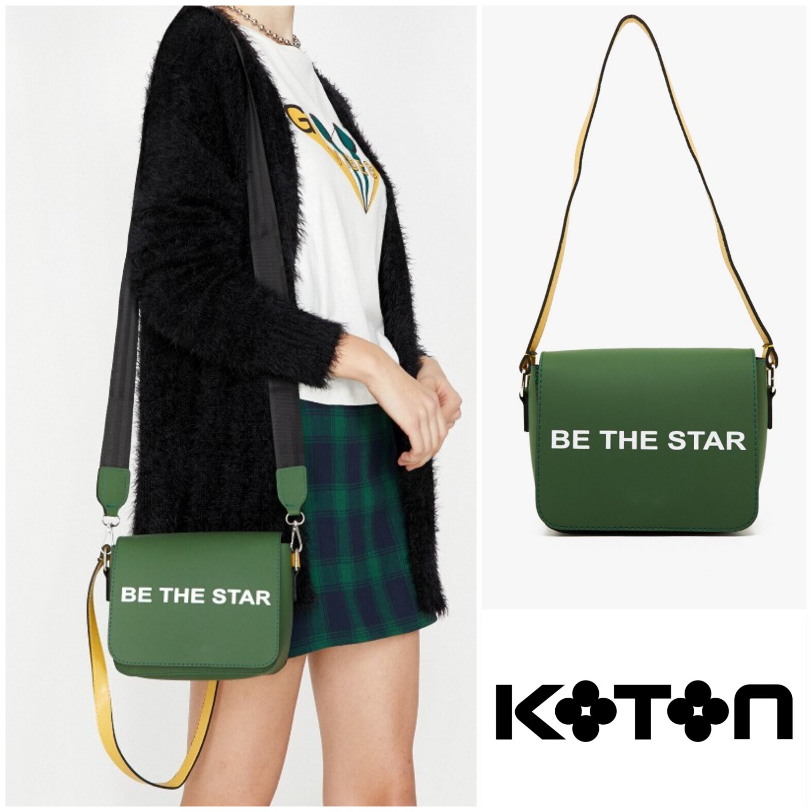  sac à bandoulière vert Koton est orné du texte blanc "BE THE STAR" sur le rabat