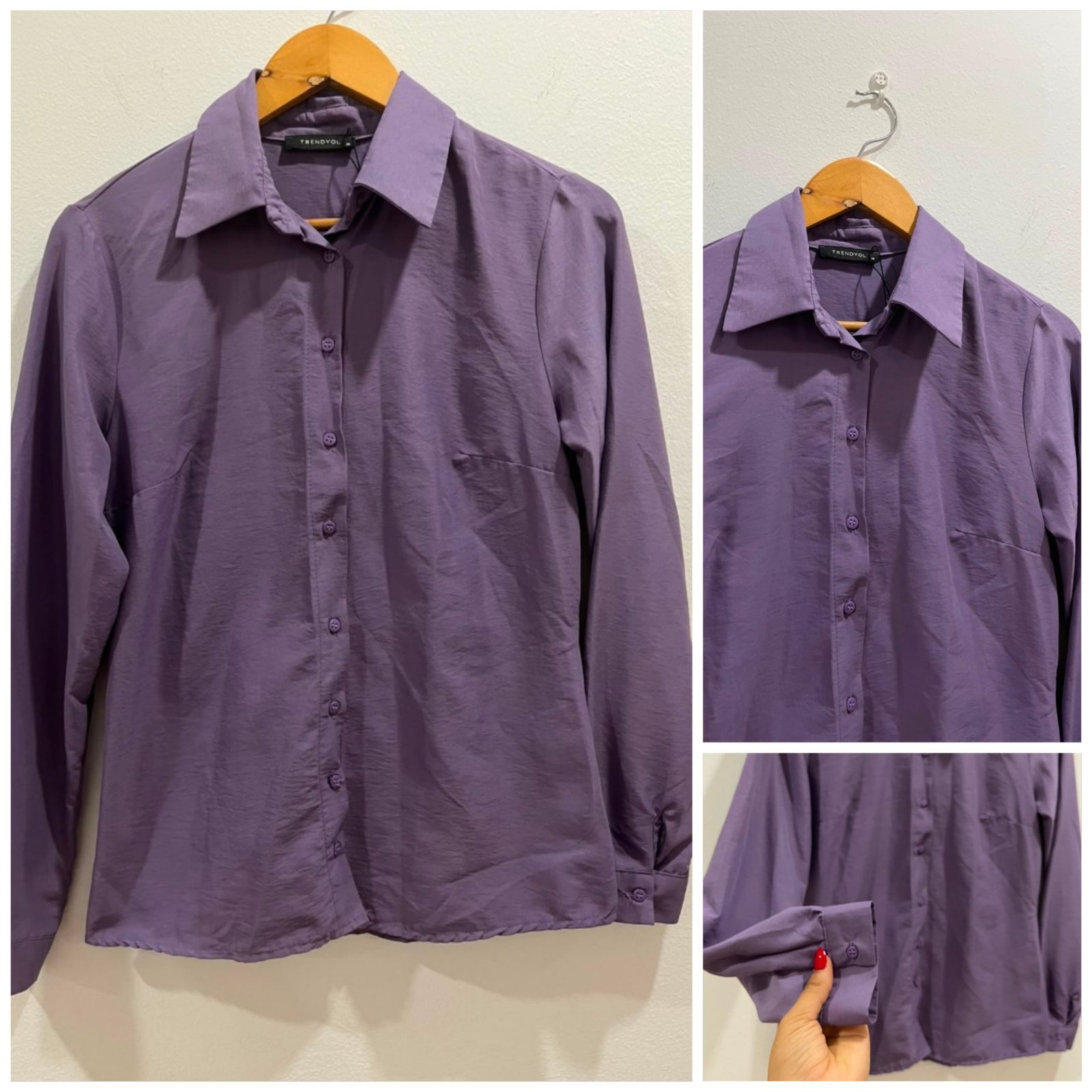 Chemise Trendyol violette se distingue par sa teinte lavande et son design classique boutonnée