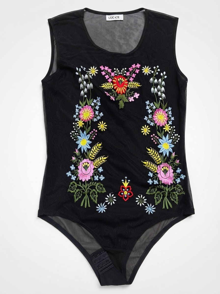 Body noir de la marque LUC-CE se distingue par ses broderies florales colorées sur le devant