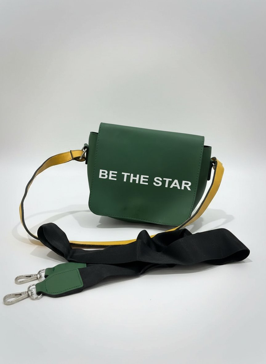 Sac à bandoulière vert Koton est orné du texte blanc "BE THE STAR" sur le rabat