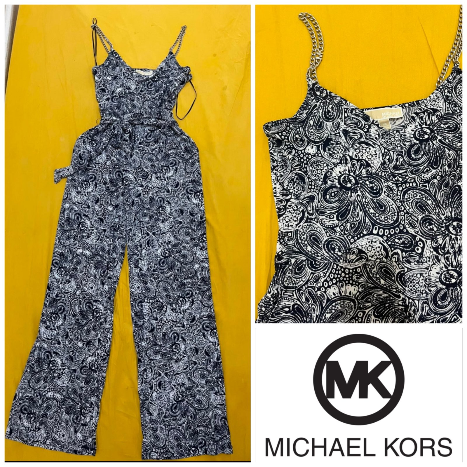 Combinaison-pantalon fluide à bretelles et motif cachemire bleu marine et blanc de la marque Michael Kors 