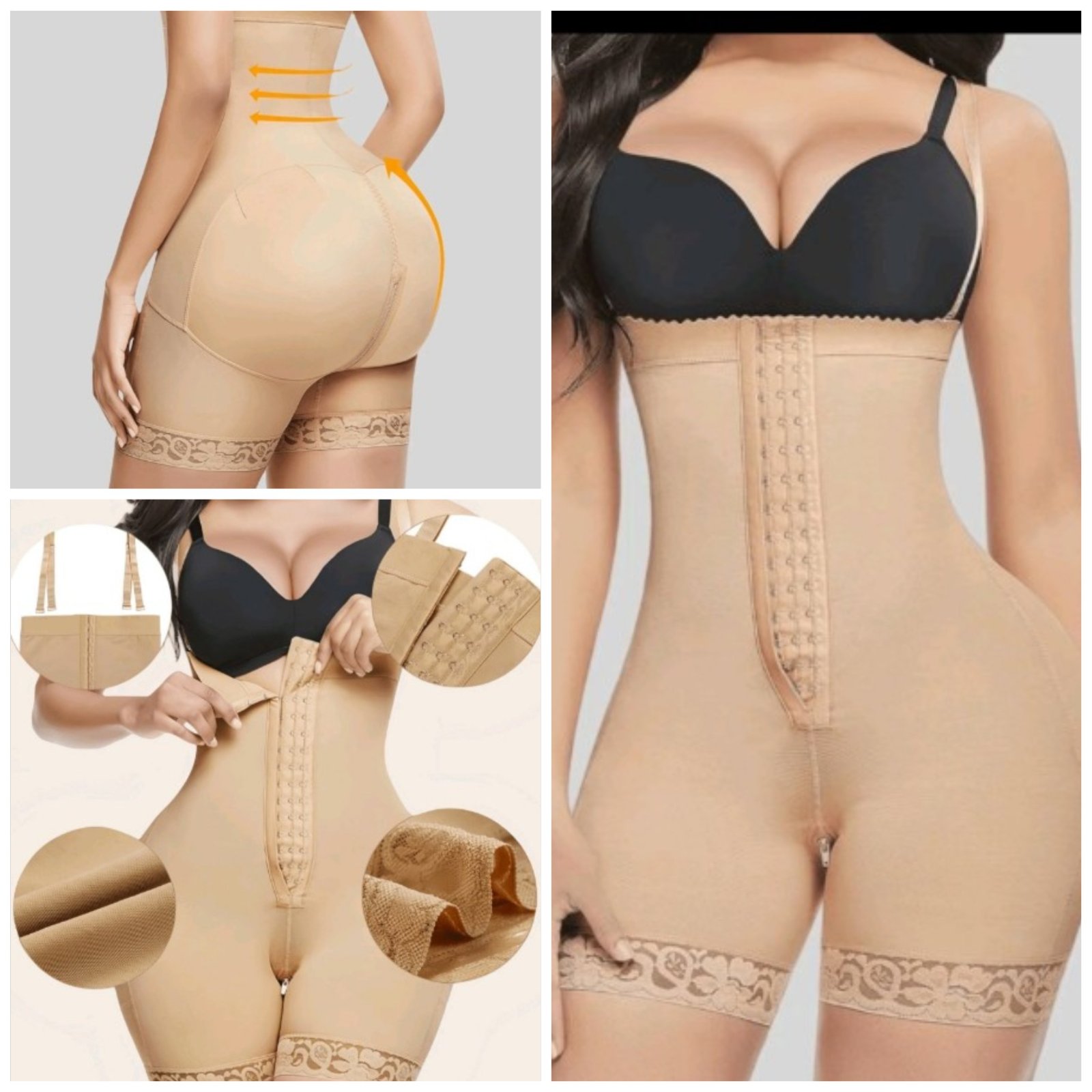 Gaine sculptante intégrale beige (ou body gainant / shorty amincissant) dotée d'un double système de fermeture à l'avant (crochets intérieurs et fermeture éclair) et d'un effet rehausse-fesses