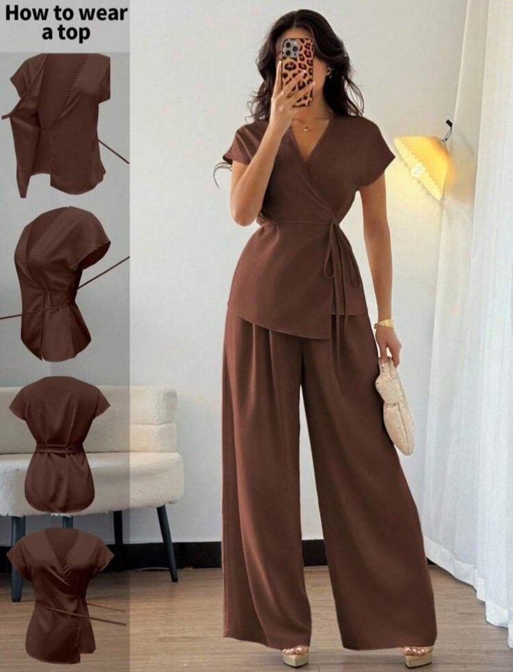 Ensemble marron de chez SHEIN se compose d'une blouse élégante cache-cœur à manches chauve-souris et d'un pantalon large et ample