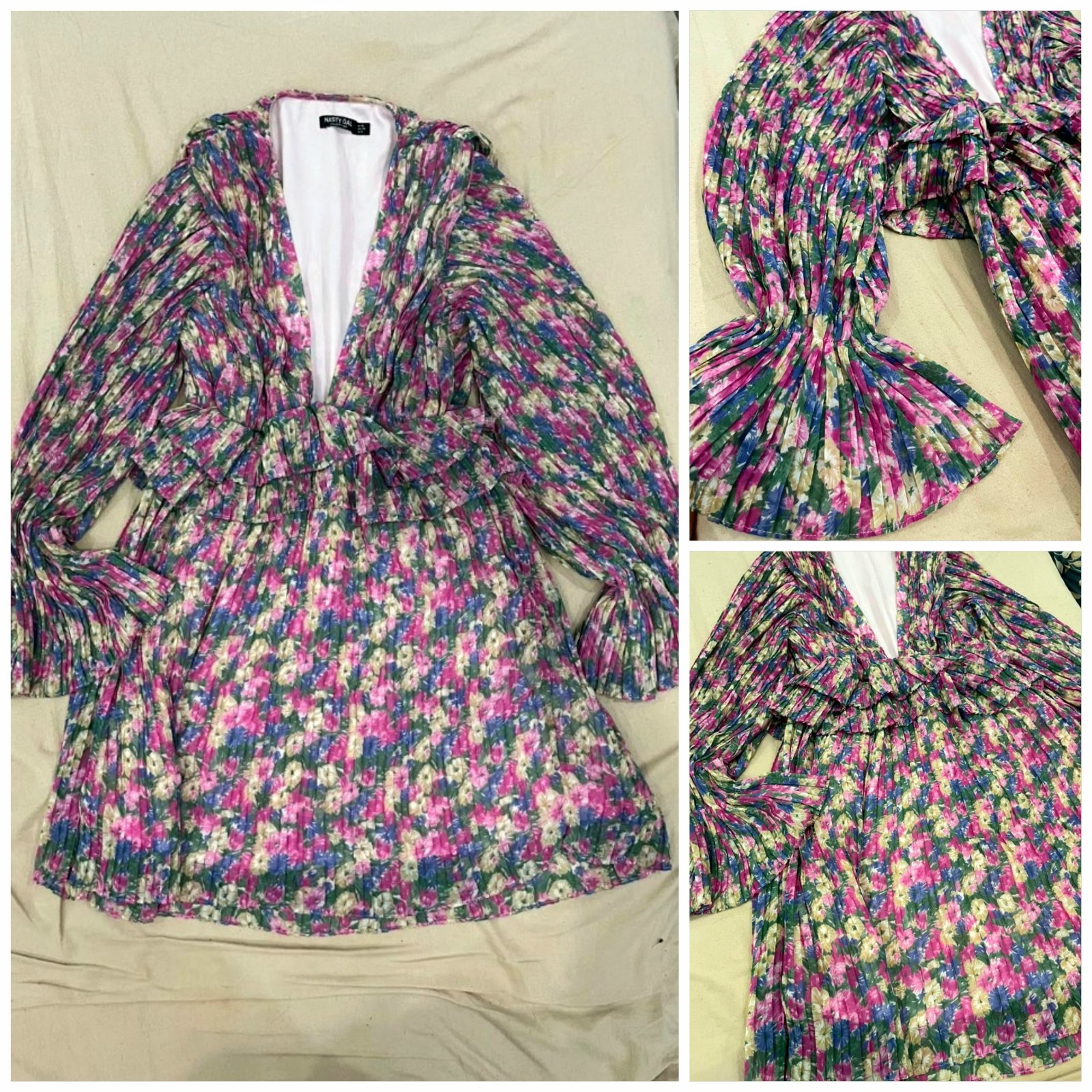 Robe courte Nasty Gal se distingue par ses manches longues bouffantes et son motif floral multicolore