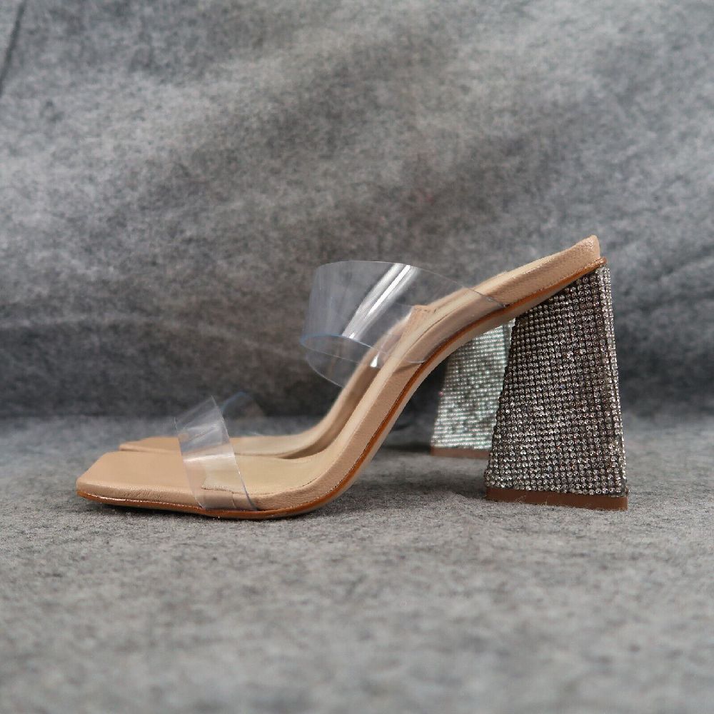 Mules à talons triangulaires strassés avec brides transparentes