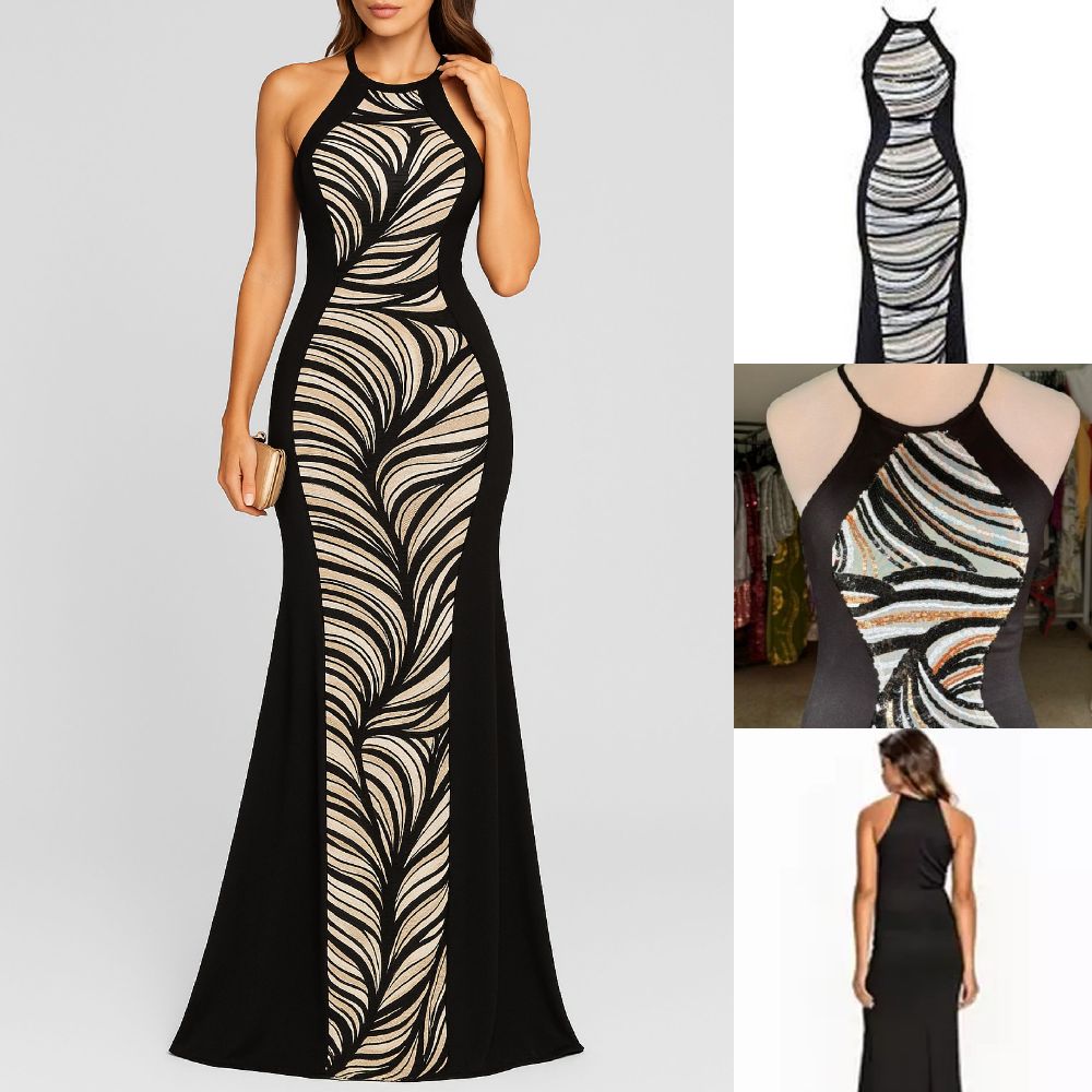 Robe longue soirée moulante avec un motif central dessine les courbes de corps et affine la taille