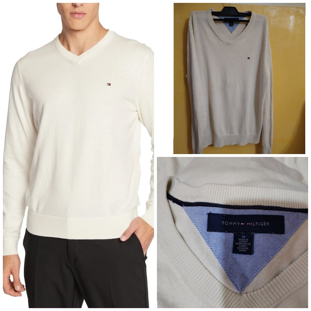 Pull Tommy Hilfiger  100% Cotton couleur col v crème taille M