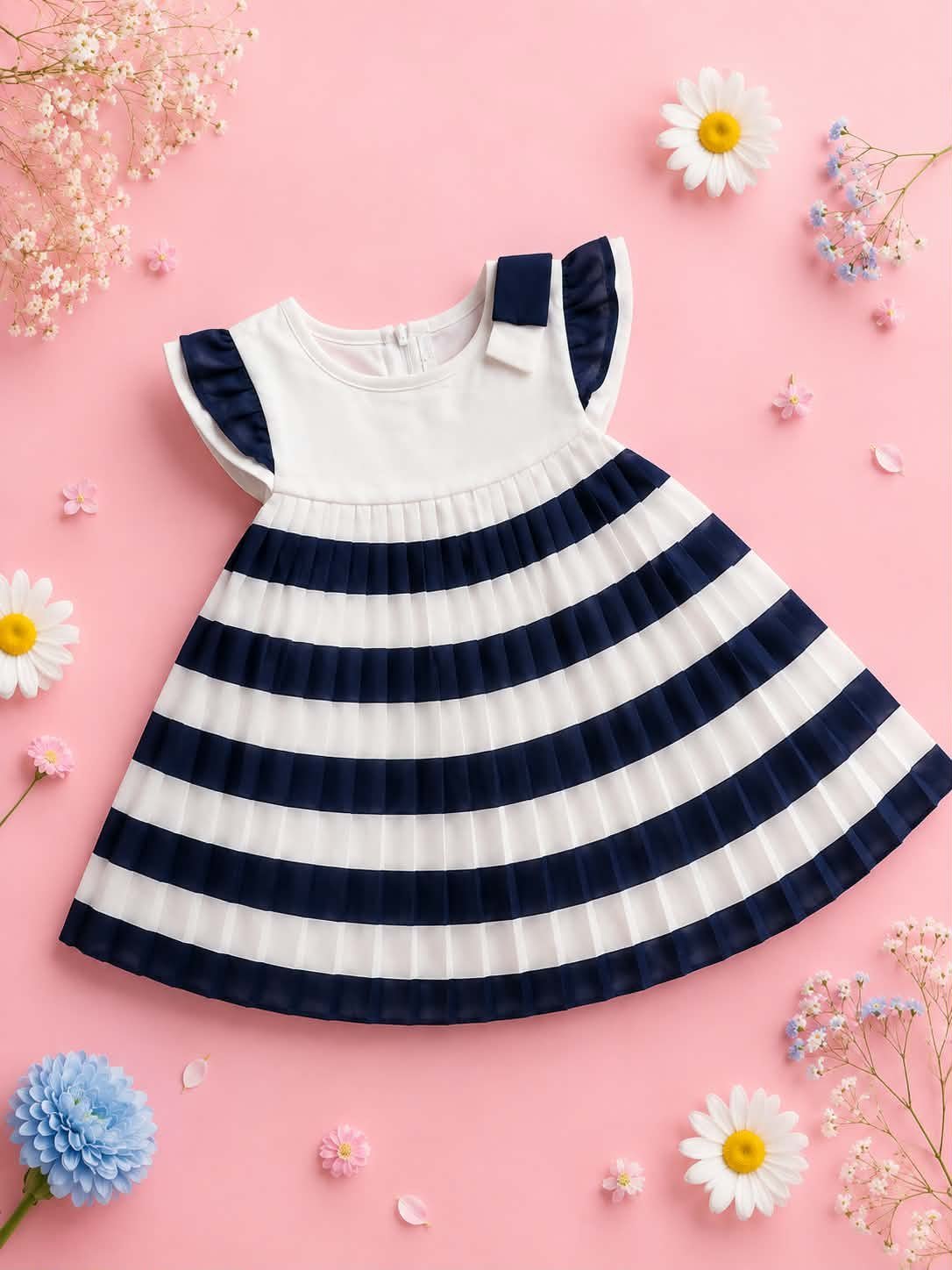Robe fille élégante bleu marine et blanche 