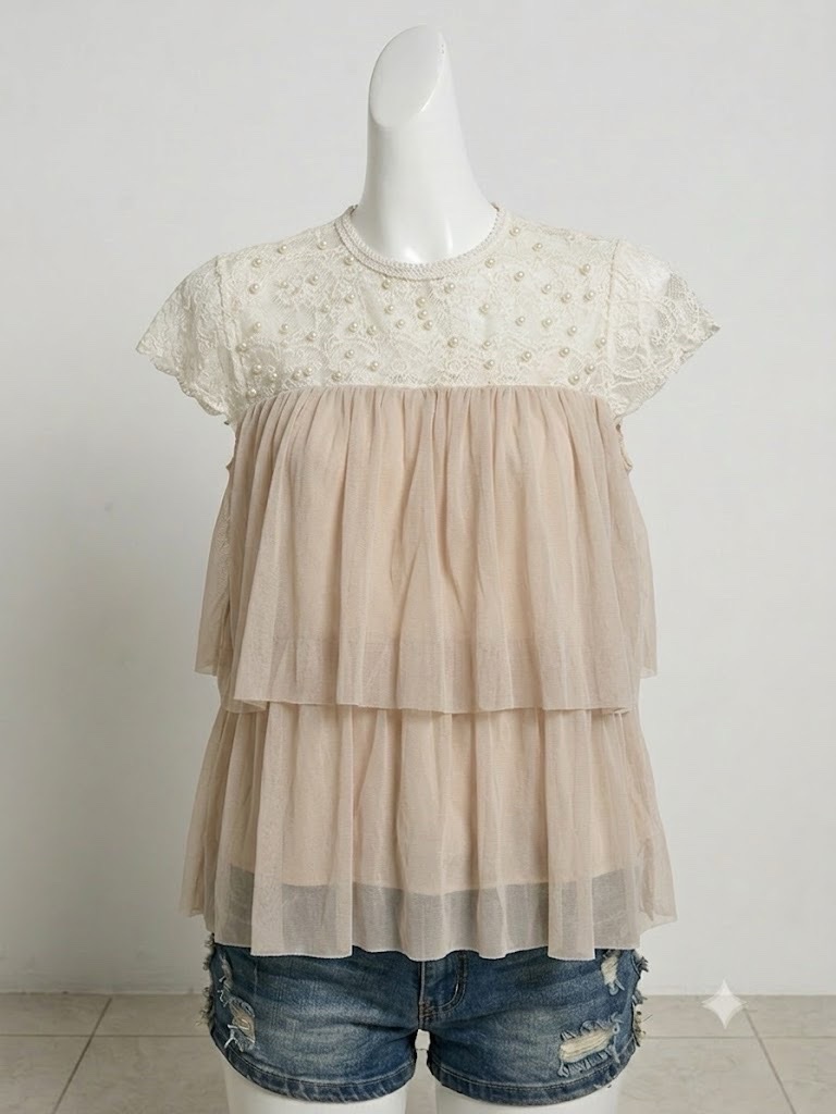Haut / Top beige et dentelle avec perles – Taille L (Kambin)