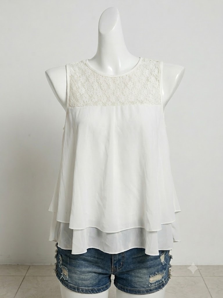 Haut blanc fluide avec empiècement en dentelle (Taille L)