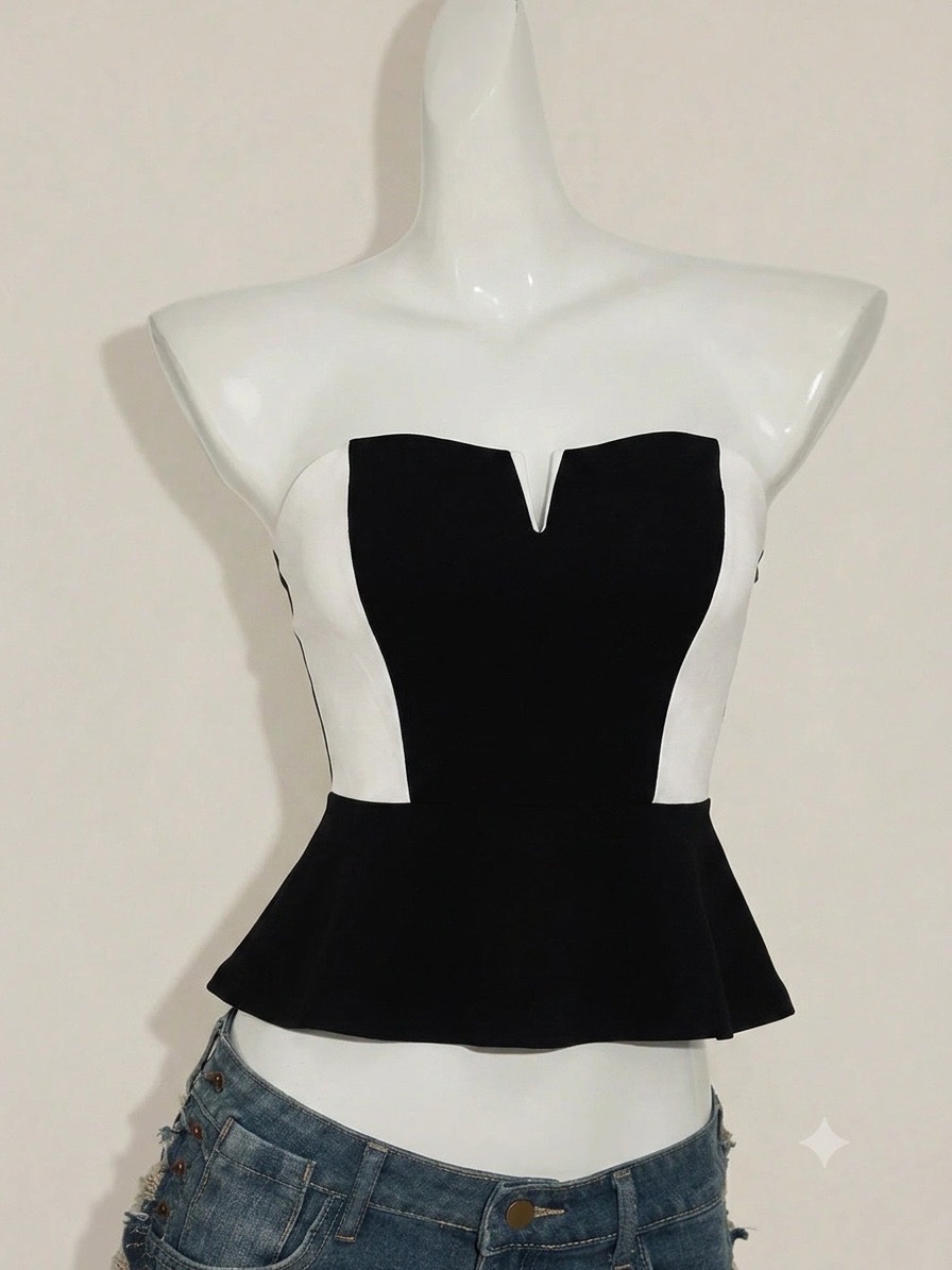 H&M Top bustier péplum bicolore noir et blanc - Taille 36