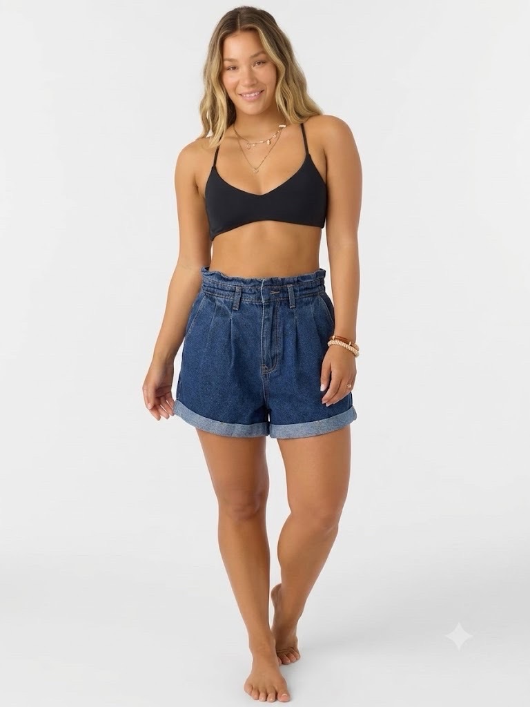 Short en jean taille haute froncée / Style Paperbag à revers