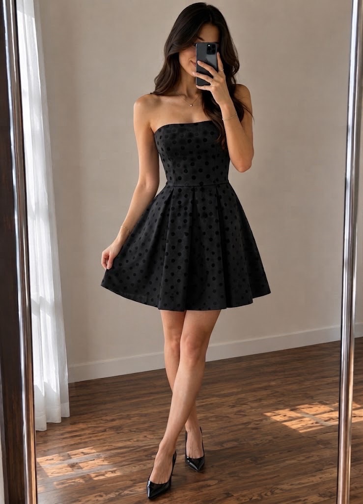 Robe patineuse noire à pois en velours