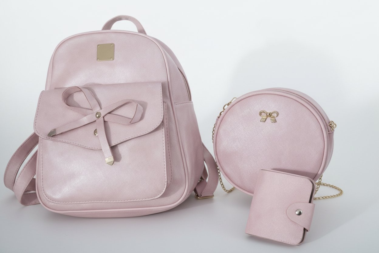 🎀 Set 3roussa sacs rose poudré 3 pièces (sac à dos + bandoulière + porte-cartes)
