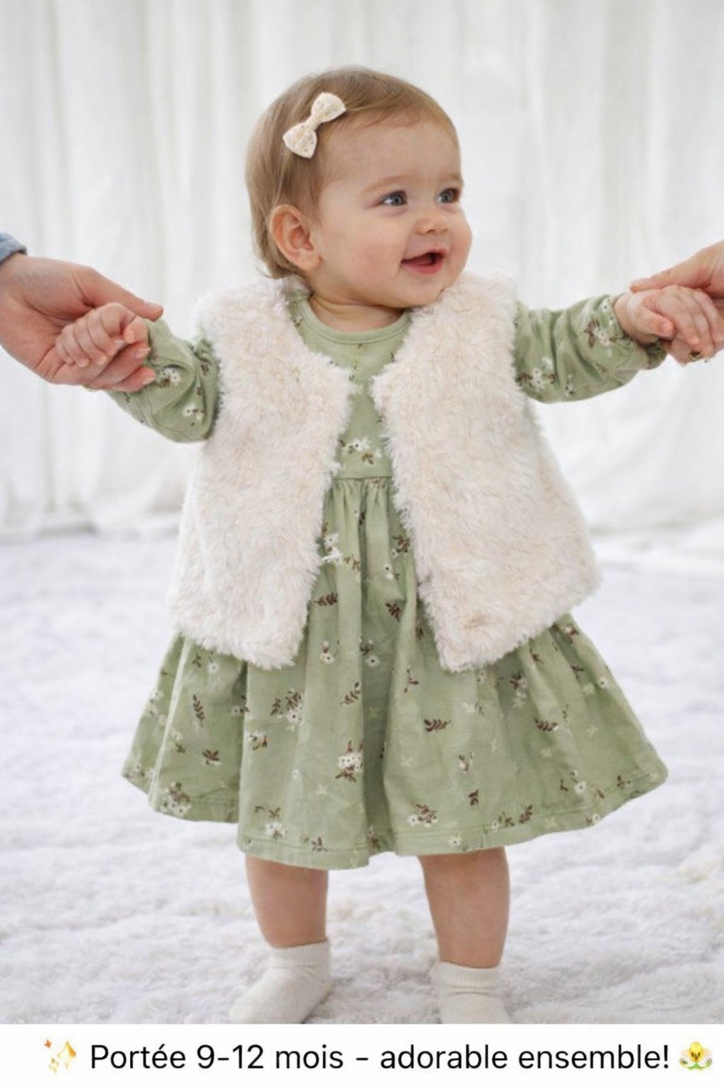 🌿🤍 Ensemble bébé 9-12 mois – Robe + gilet fourrure ✨👶