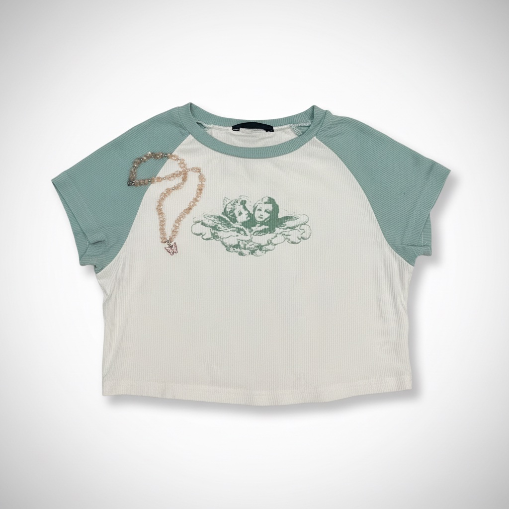 Crop top blanc et vert menthe - Imprimé Chérubins / Anges Y2K