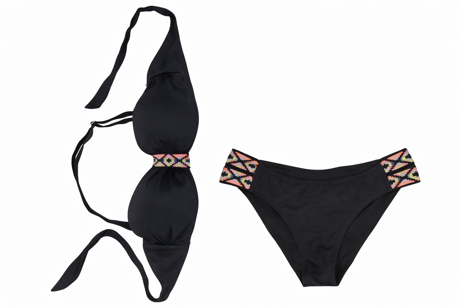 Bikini noir avec détails colorés de la marque joys maktouba t42 Ama yji mizyena akther 3la taille 40