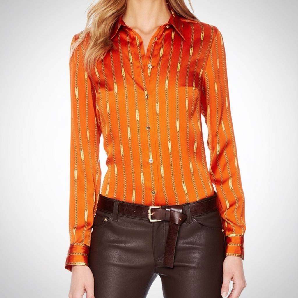 Chemise boutonnée en satin orange à motif de chaînes dorées de la marque MICHAEL Michael Kors