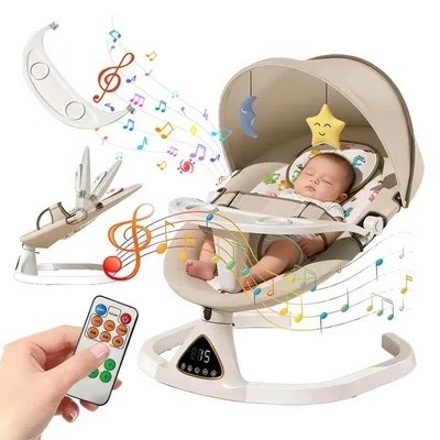 Superbe transat / balançoire électrique pour bébé très pratique et confortable. Balancement automatique avec plusieurs vitesses. Télécommande à distance + mélodies / musique intégrées.